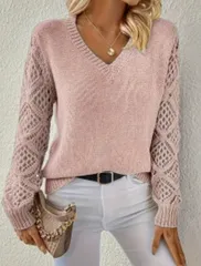 【ピンク】ニット レディース Vネック 透かし編み 袖透かし 袖レース セーター 長袖 大人 きれいめ 春秋冬 薄手 フェミニン カジュアル