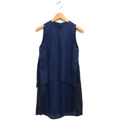 ミュラー オブ ヨシオクボ muller of yoshiokubo デニム フレア ワンピース ひざ丈 プリーツ ノースリーブ 飾りボタン 36 紺 ネイビー /NT5