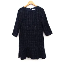 ルゥデルゥ Rew de Rew ワンピース フレア 膝丈 ツイード ラメ混 パイピング 七分袖 丸首 ウール混 M ブラック 黒 /HT22