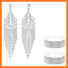 【新品】 【VanFROSTED 】ブレスレット セット ピアス フィットネス タッセル 軽量大 長 ジャパン 発表会 クリスタル キラキラ ウェディング ブライダル 結婚 競技 ラインストーン 揺れる 花嫁 バングル 腕 シルバー 821