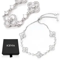 ICEVIA クローバーモチーフブレスレット ホワイト シルバー ゴールド ローズ ブラック ブルー レディース 14Kゴールド仕上げ 四つ葉のクローバー 人工ダイヤモンド アクセサリー 人気記念日 プレゼント ギフト 女性 普段使い パーティー バングル 1