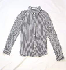 【222666】LACOSTE ラコステ  ストライプ　ロゴ刺繍　ブラウス　長袖シャツ　サイズ34  ・ ネイビー