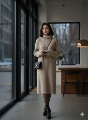 77 88 ベージュ タートルネック ニット ミディ ONE PIECE