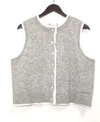 【222338】ZARA ザラ  加工ニットベスト　編み込み　表地ポリ・ウール・アクリル混　裏地コットン100％　タグ付き　M  ・ グレー/ホワイト