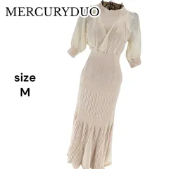 【美品】MERCURY DUO マーキュリーデュオ 異素材ドッキングフレアニットワンピース ホワイトベージュ M 伸縮性あり