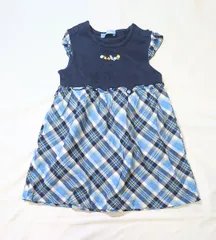 【224076】familiar ファミリア  ノースリーブワンピース　チェック柄　コットン100％　花柄刺繍　90  ・ ネイビー