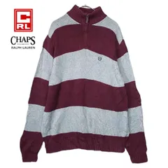 【送料600円～】【US古着】CHAPS チャップス（ラルフローレン）ボーダー コンビカラー ワンポイント刺繡ロゴ  天竺編み ハーフジップ ヘンリーネック　長袖ニットセーター XLサイズ（肩幅48cm）グレー・ボルドー 綿100％【湘南倉庫】アメリカ