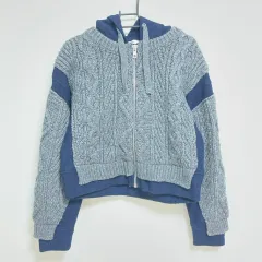 【224340】ZARA ザラ  長袖ニットパーカー　フーディー　編み込み　異素材　EURS  ・ グレー/ネイビー