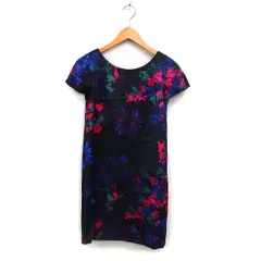 ティビ tibi ワンピース Iライン ミニ 花柄 シルク混 ウール混 ボートネック 半袖 0 黒 ブラック /NT9