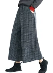 ズボン ラシャ ロングパンツ チェック柄 レディース ボトムス ウエストゴム ハイウェスト ワイドパンツ 九分丈 美脚 （イノ） 大きいサイズ カジュアル [Yino] 通勤 秋冬