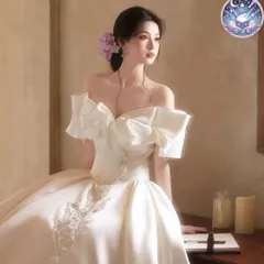 新品 未使用 ウェディングドレス レディースドレス 人気 サテン生地オフショルドレス　結婚式　前撮り　フォトウェディングに◎