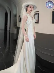 新品 未使用 ウェディングドレス レディースドレス レトロスタイルVネックウェディングドレス