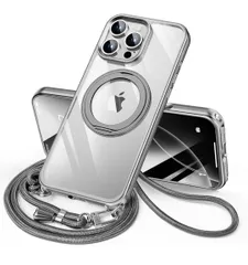 ★iPhone 16 Pro Max 用 ケース ダブルリング付き ショルダー ストラップ付き 多機能360度回転スタンド MagSafe対応 ワイヤレス充電対応 耐衝撃 カメラレンズ保護 三眼 6.9インチ  (グレー, iPhone 16 Pro Max)