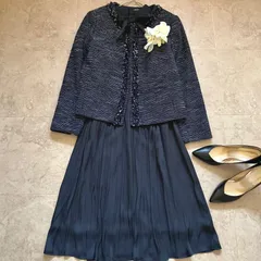 BEAMS HEART ツイード調ジャケット×INDIVI ボウタイワンピース セット ネイビー Lサイズ 入学式 卒業式 セレモニー フォーマル 学校行事