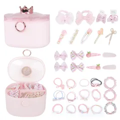 数量限定 プレゼント 小学生 お姫様 女の子ギフト クリスマス 誕生日 七五三 子供の日 卒業式 入学式 入園式 (ピンク) ヘアゴム ヘアクリップ アクセサリーセット プリンセス 大容量 女の子プレゼント 2層 クラウン収納ボックス付き かわいい ヘアアクセ