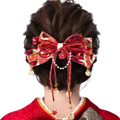 新商品 女の子 子供 つまみ細工 鈴付き 和風 ヘアアクセサリー りぼん 飾り 髪 成人式 1枚 七五三 振袖 浴衣 (A 和装 着物 卒業式 袴 赤黒) リボン 髪飾り [OTAKUMARKET]