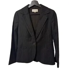 C439 森英恵（ハナエモリ）レディース テーラードジャケット ブラック ネイビー ストライプ 38サイズ ビジネスシーン フォーマル