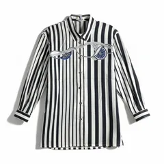レリアン leilian シャツ ブラウス 長袖 ストライプ プリント 綿100％ 肩パッド スリット 日本製 白 黒系 7サイズ 984421