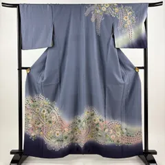 訪問着 身丈159.5cm 裄丈67cm M 袷 辻が花柄 絞り ぼかし 青灰色 正絹 名品 【中古】