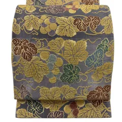 【美品】 袋帯 名品 葡萄唐草 金糸 ビロード調 灰紫 六通 正絹 【中古】