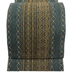 【美品】 袋帯 名品 幾何学 金糸 茶緑色 全通 正絹 【中古】