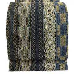 【美品】 袋帯 名品 幾何学 縞 金銀糸 藍色 全通 正絹 【中古】