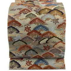 袋帯 名品 関西仕立て 草木染 松 ヱ霞 唐織 箔 灰緑 全通 正絹 【中古】