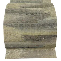 【美品】 袋帯 名品 幾何学 金糸 箔 茶緑色 六通 正絹 【中古】