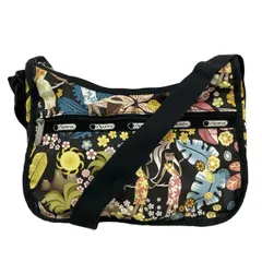 LESPORTSAC(レスポートサック) ショルダーバッグ - 黒×イエローグリーン×マルチ フラワー(花)/斜めがけ