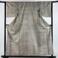 【美品】 紬 身丈155cm 裄丈63cm S 単衣 縞 幾何学模様 灰茶 正絹 名品 【中古】