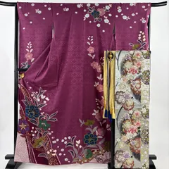 【美品】 振袖 身丈166cm 裄丈66.5cm M 袷 袋帯フルセット 桜 地紋 金彩 染め分け 紫 正絹 秀品 【中古】