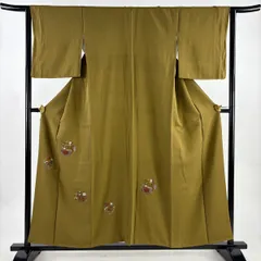 付下げ 身丈157cm 裄丈62.5cm S 袷 花丸文 束ね熨斗 刺繍 金糸 茶緑色 正絹 秀品 【中古】