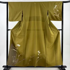 【美品】 付下げ 身丈158cm 裄丈63.5cm S 単衣 草花 金銀彩 ぼかし 鶯色 正絹 秀品 一つ紋 【中古】