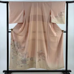 【美品】 付下げ 身丈154cm 裄丈61.5cm S 袷 桜 流水 刺繍 ぼかし 薄ピンク 正絹 秀品 【中古】
