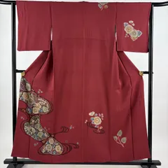 付下げ 身丈155.5cm 裄丈63.5cm S 袷 落款 草花 水面 ぼかし 絞り 赤 正絹 秀品 【中古】