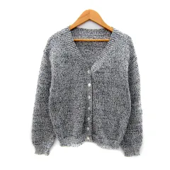 ヒューマンウーマン HUMAN WOMAN ニットカーディガン ミドル丈 Vネック 総柄 M ライトグレー /SY38