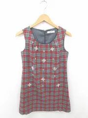 ミーア MIIA ワンピース ひざ丈 チェック ビーズ装飾 プルオーバー ノースリーブ F グレー レッド 灰 赤 /TT10