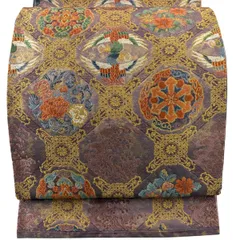 【美品】 袋帯 秀品 向かい鳥 華文 金糸 箔 紫 六通 正絹 【中古】