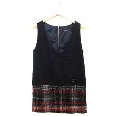 メイソングレイ MAYSON GREY ジャンパースカート 膝丈 切替 ニット チェック 柄 ベルト ノースリーブ Vネック ウール混 綿混 1 ブラック 黒 /HT33