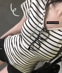 ably ストライプ ボーダー柄 ボタン Vネック 半袖Tシャツ