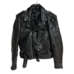  本革 牛革 ダブルレザー ダブルライダースジャケット ヘビーアウター アメジャン レザー ジャケット アウター ブラック 黒 メンズ サイズ不明  【RE343】