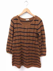 アースミュージック&エコロジー EARTH MUSIC & ECOLOGY ワンピース ニット ボーダー 丸首 長袖 ひざ丈 ブラウン 茶 /FT29