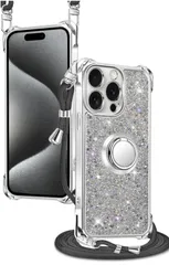★iPhone 15 ProMax 用 ケース キラキラ 輝きピカピカ リング付き ショルダー 調節可能 肩がけ 首掛け 紐付き 斜めがけ スマホケース いphone 15promax アイフォン 15 プロ マックス ケース シリコン  カバー シルバー