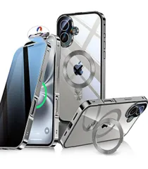★Bluoocase【自動スライドロック！3in1スタンド・覗き見防止】iPhone 16 用 ケース 全面保護 Magsafe対応・CDリング 縦横両立 アイフォン16 カバー 9H強化ガラス ワイヤレス充電 両面  6.1インチ（グレー）
