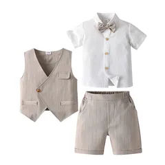  男の子服子供服 キッズ服 フォーマル 子供スーツ ベビー服 半袖シャツ+半ズボン+ベスト3点セット 夏 ブリティッシュスタイル タキシード風 卒園式 入園式 七五三 お宮参り 結婚式 入学式 90 100 110 120 130 140cm