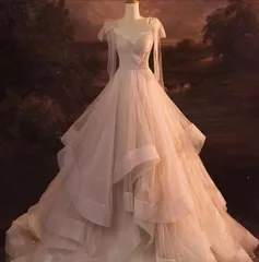 カラードレス プリンセスライン ピンク 袖あり ロングドレス ウェディングドレス 結婚式 二次会 演奏会 発表会 ステージ衣装 シフォン フレアスカート バックレス 新品・未使用