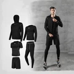 コンプレッションウェア トレーニングウェア メンズスポーツウェア男性用トレーニングウエア 上下5点セット 長袖シャツ 半袖シャツ ハーフパンツ ロングタイツ パーカー 吸汗速乾 通気防臭 S～3XLサイズ展開