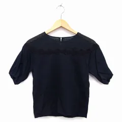 マーリエパーエフデ Maglie par ef-de カットソー Tシャツ 五分袖 丸首 背あき 切替 ギンガムチェック 柄 レース 無地 透け感 コットン 綿 7 ブラック 黒 /HT18