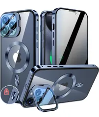 ★KELLCASE【カメラレンズ保護・スタンド+覗き見防止+MagSafe対応 】iPhone 15 Pro Max 用 ケース 全面保護 隠しスタンド付き ロック付き 両面 マグネット式 アイフォン15プロマックス カバー 6.7インチ（ブルー）