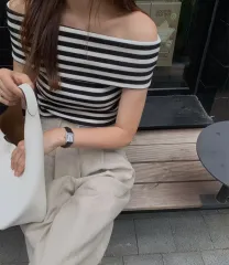 ストライプ オフショルダー ニット Tシャツ